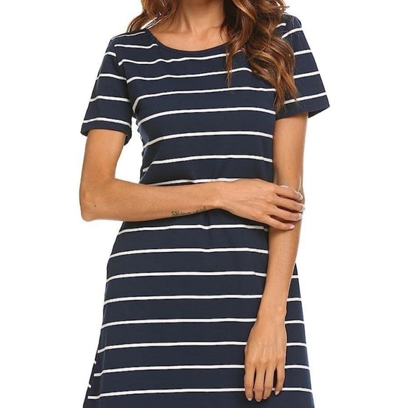 NWT!! 💖FEAGER 💖 POPULAR NAVY BLUE STRIPED CRISS-CROSS T-SHIRT DRESS 🔥 - Picture 10 of 12